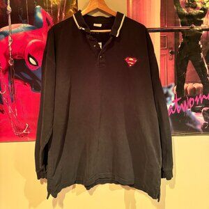 Vintage Y2K 2000 Superman Warner Bros Black Logn Sleeve Polo Shirt (XL)